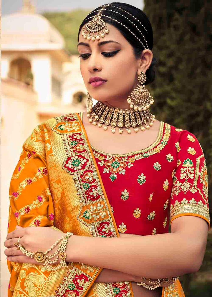 Orange & Red Banarasi Silk Lehenga Choli with Khatli work Embroidery - qivii