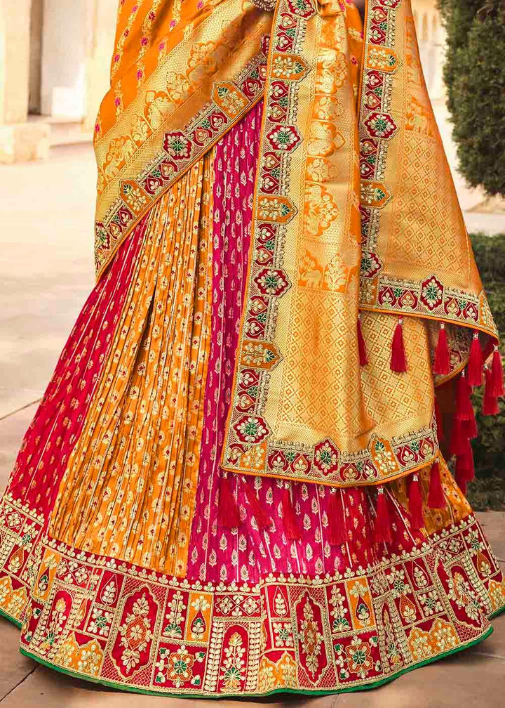 Orange & Red Banarasi Silk Lehenga Choli with Khatli work Embroidery - qivii