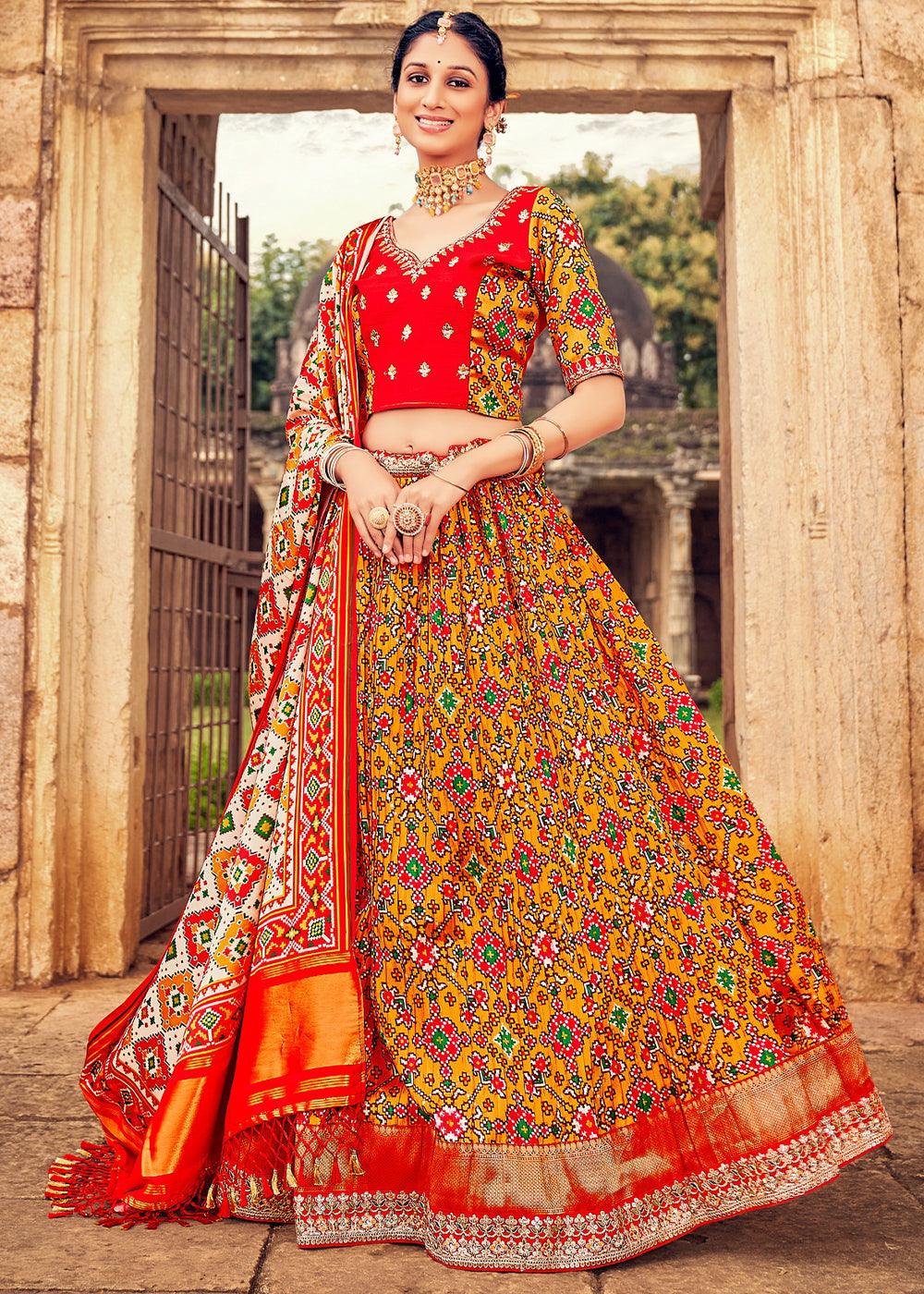 Orange & Red Patola Printed Banarasi Silk Lehenga Choli with Embroidery Work - qivii