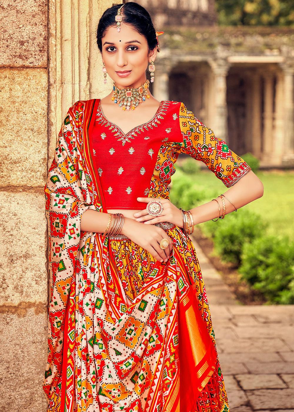 Orange & Red Patola Printed Banarasi Silk Lehenga Choli with Embroidery Work - qivii