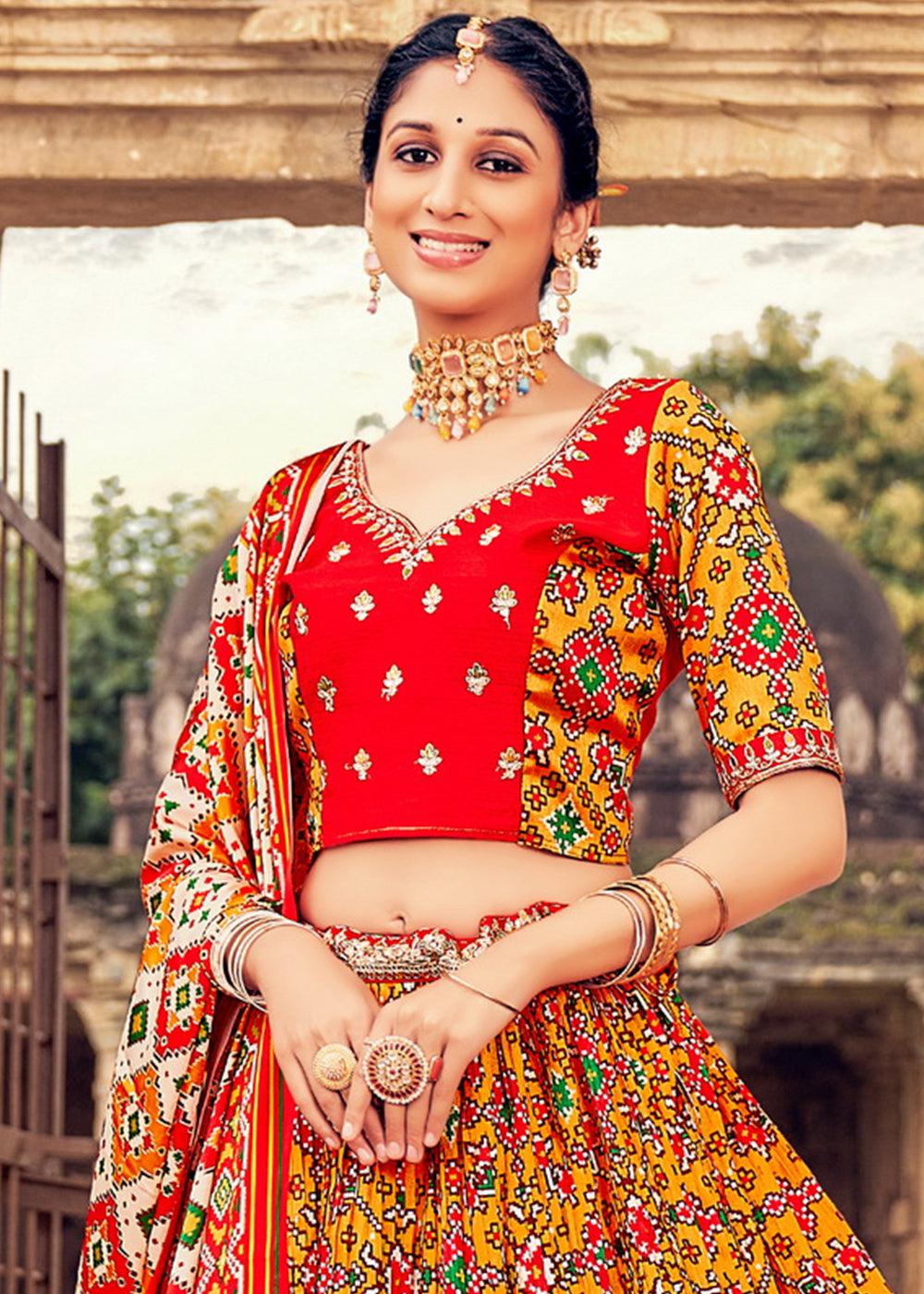 Orange & Red Patola Printed Banarasi Silk Lehenga Choli with Embroidery Work - qivii