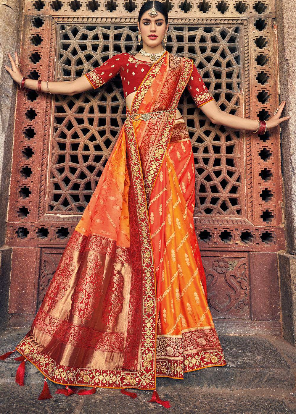 Orange & Red Zari Woven Banarasi Silk Saree with Embroidered Blouse | Stitched Blouse - qivii