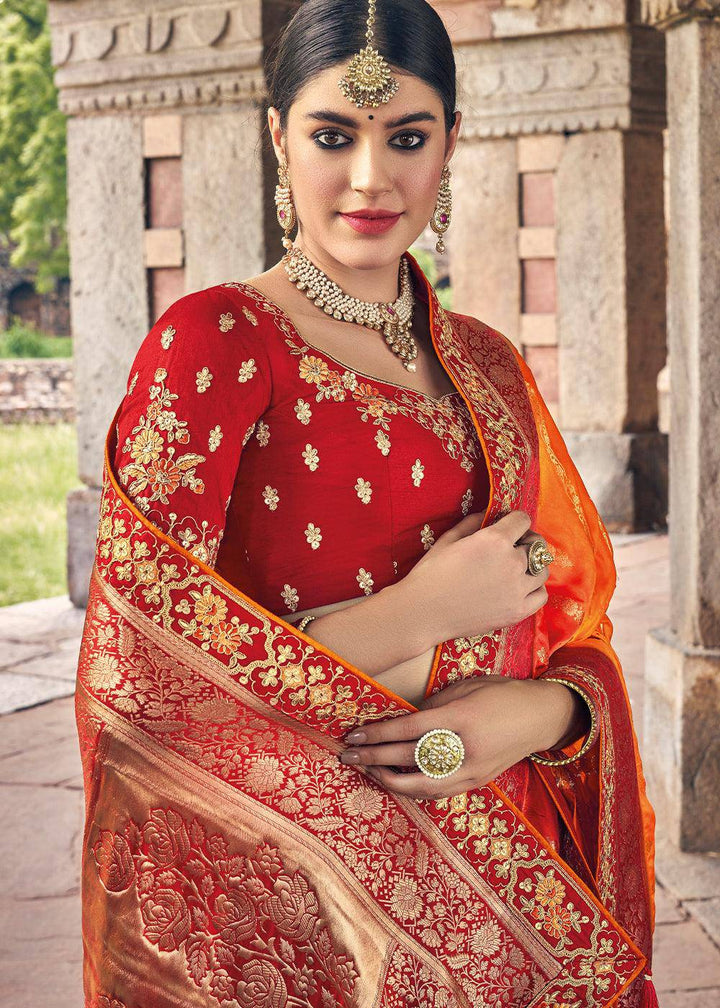 Orange & Red Zari Woven Banarasi Silk Saree with Embroidered Blouse | Stitched Blouse - qivii