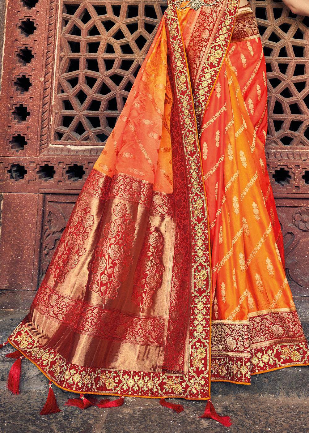 Orange & Red Zari Woven Banarasi Silk Saree with Embroidered Blouse | Stitched Blouse - qivii