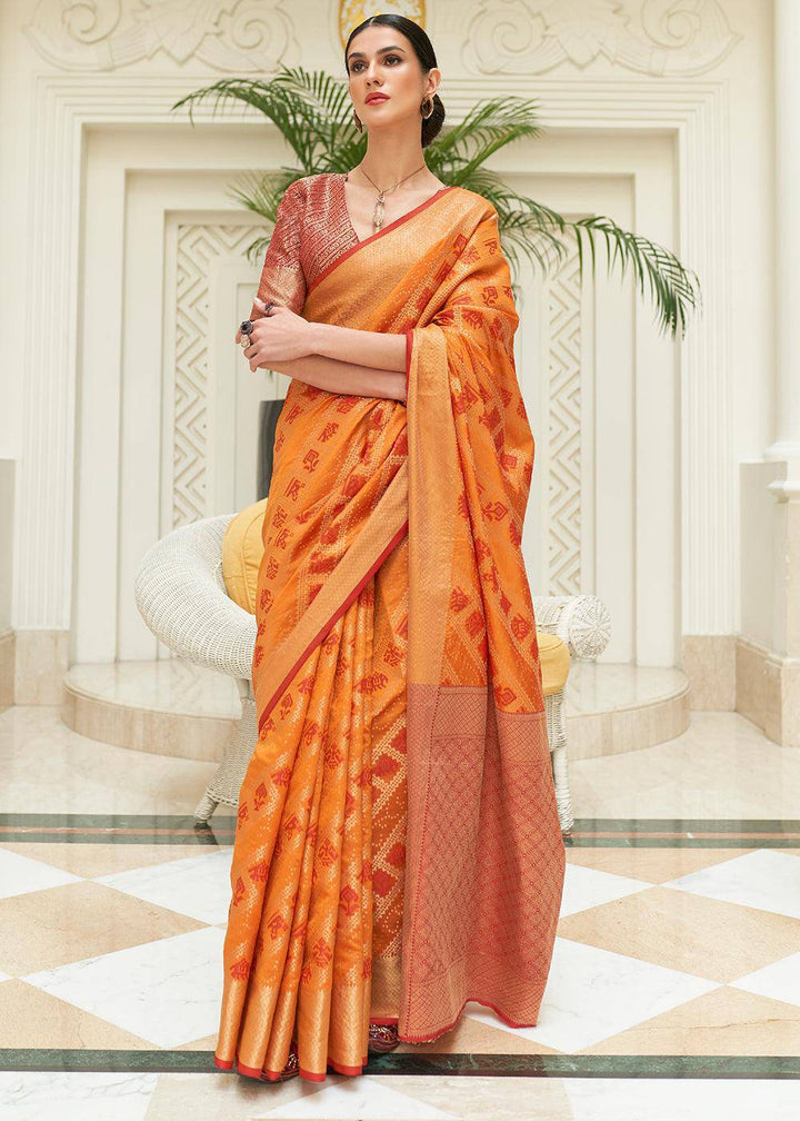 Orange & Red Zari Woven Patola Silk Saree | Stitched Blouse - qivii