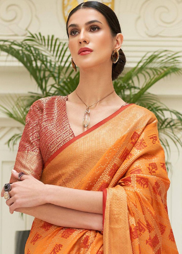 Orange & Red Zari Woven Patola Silk Saree | Stitched Blouse - qivii