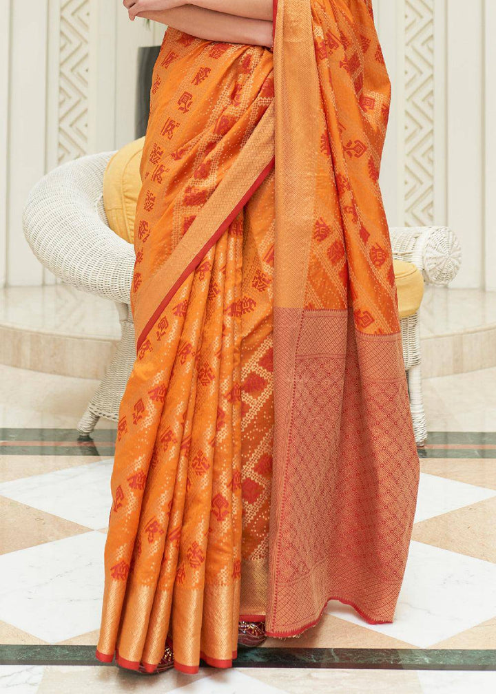 Orange & Red Zari Woven Patola Silk Saree | Stitched Blouse - qivii