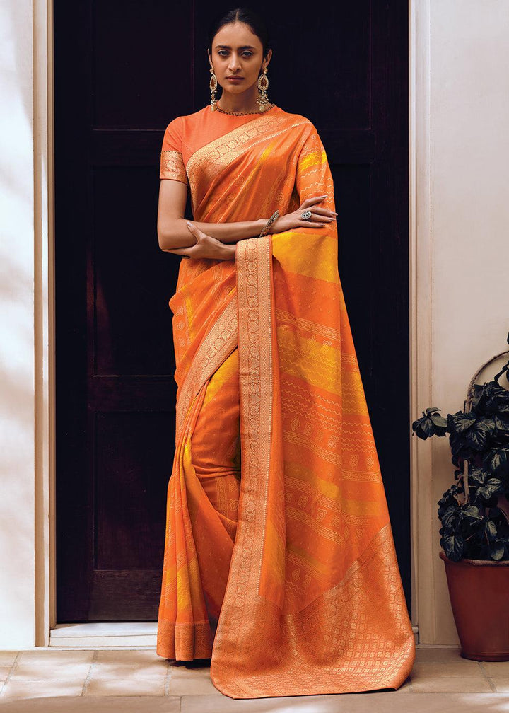 Orange & Yellow Bandhani Printed Woven Viscose Silk Saree - qivii