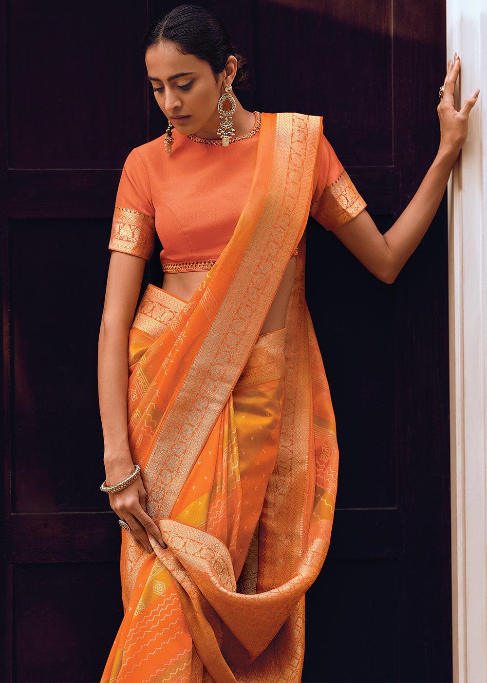 Orange & Yellow Bandhani Printed Woven Viscose Silk Saree - qivii