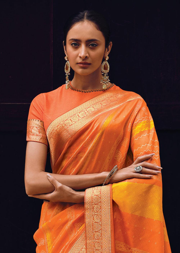 Orange & Yellow Bandhani Printed Woven Viscose Silk Saree - qivii