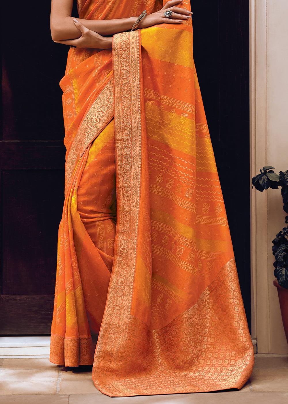 Orange & Yellow Bandhani Printed Woven Viscose Silk Saree - qivii