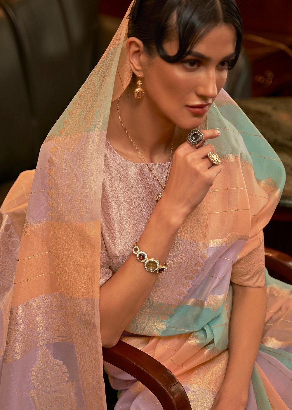 Orange Multicolour Woven Organza Silk Saree | Stitched Blouse - qivii