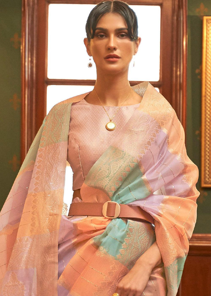 Orange Multicolour Woven Organza Silk Saree | Stitched Blouse - qivii