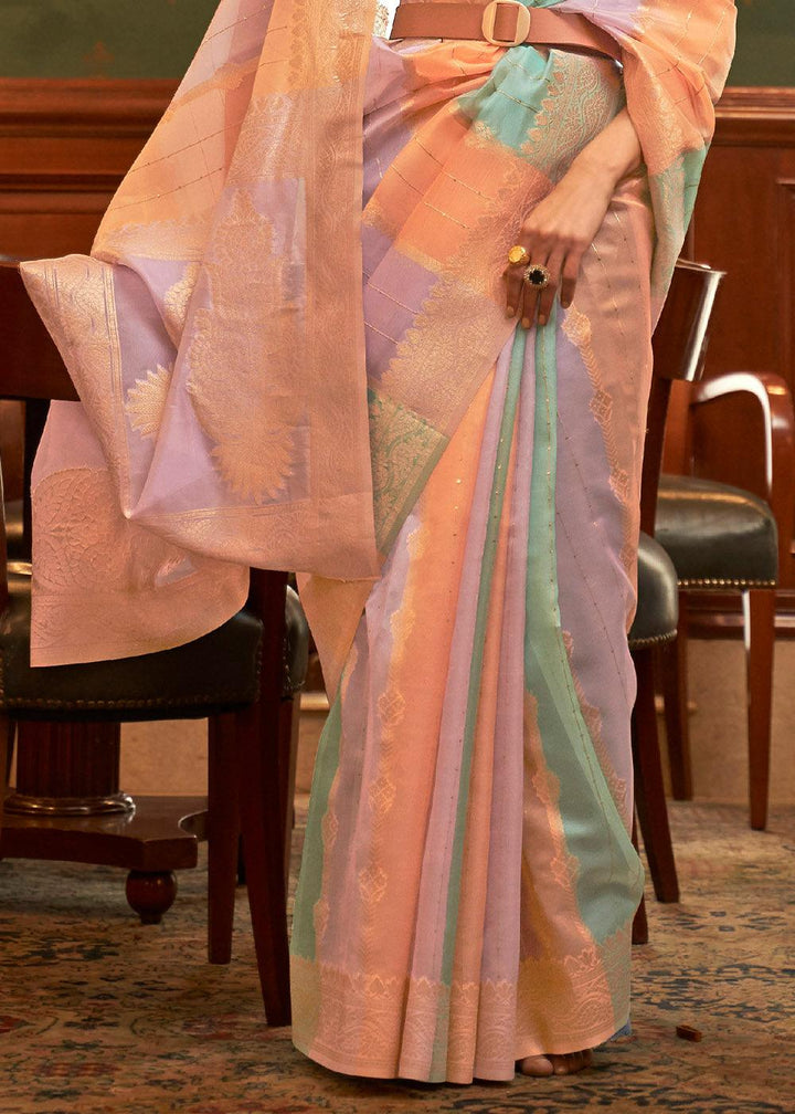 Orange Multicolour Woven Organza Silk Saree | Stitched Blouse - qivii