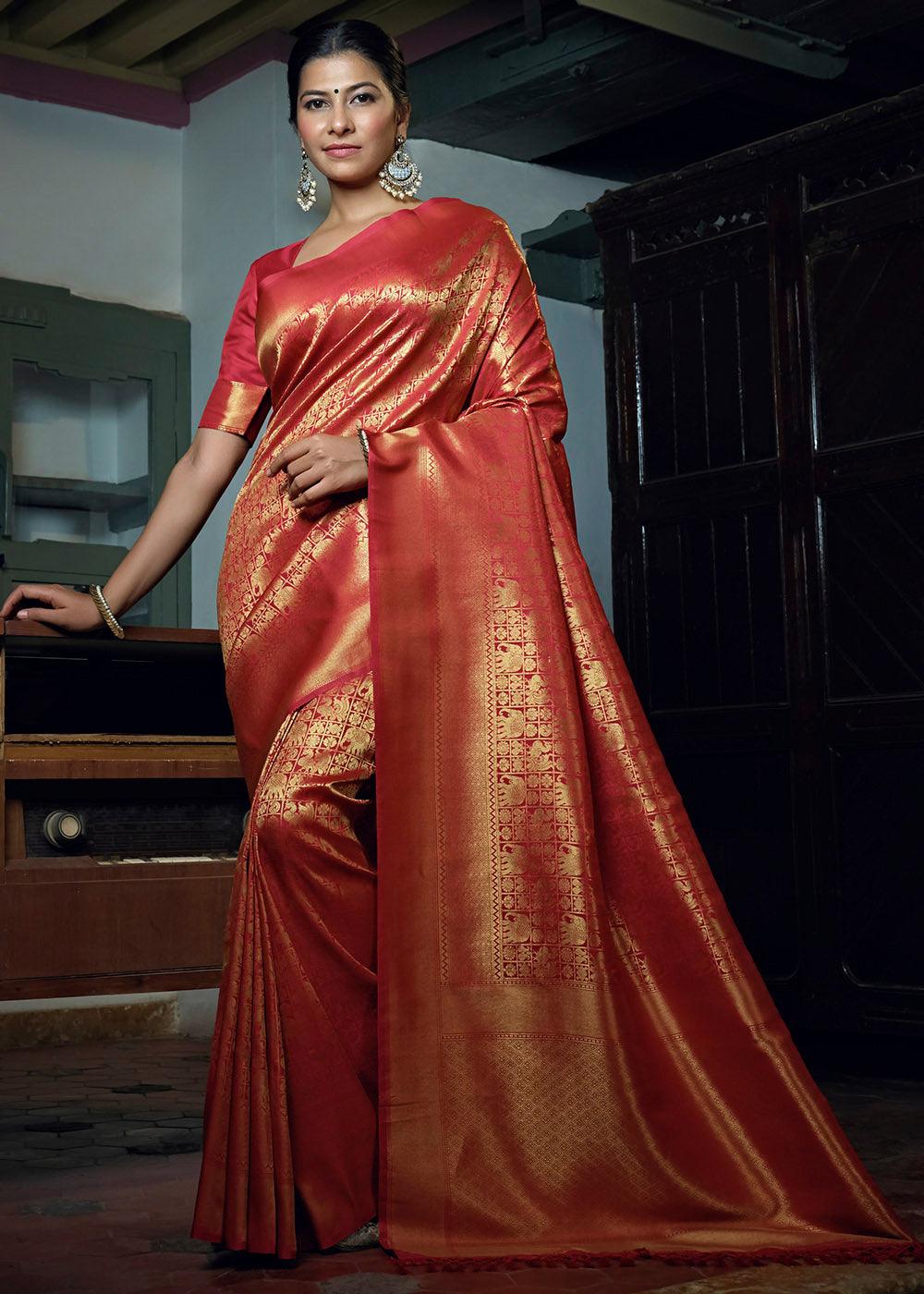 Orange Red Woven Kanjivaram Silk Saree | Stitched Blouse - qivii