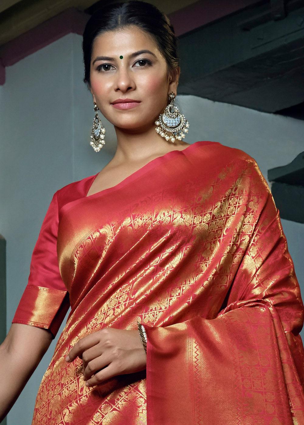 Orange Red Woven Kanjivaram Silk Saree | Stitched Blouse - qivii