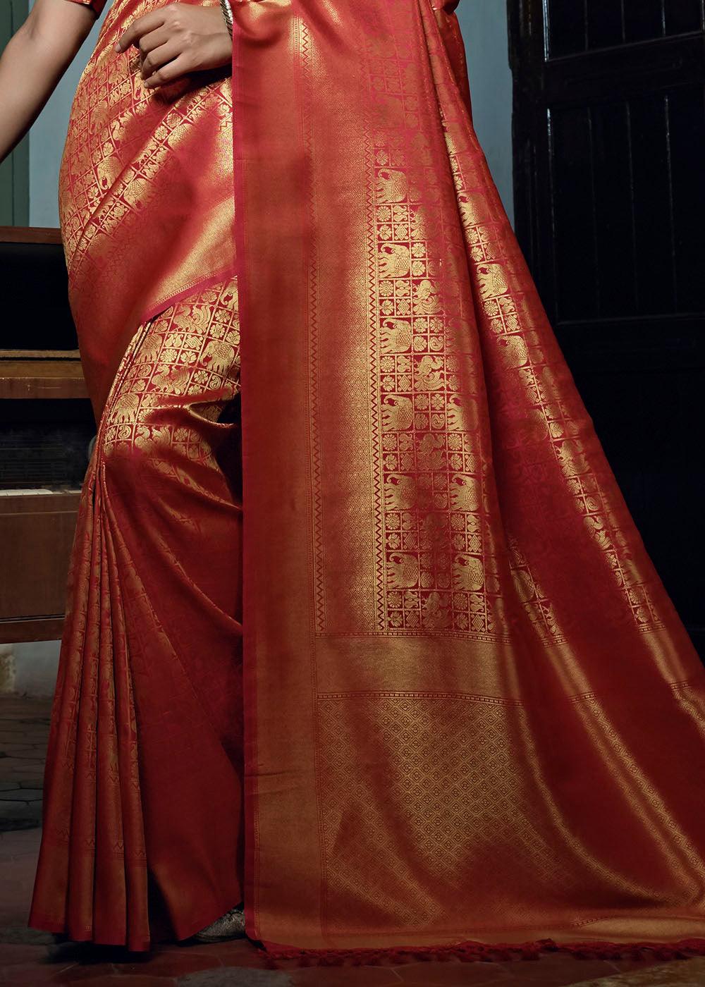 Orange Red Woven Kanjivaram Silk Saree | Stitched Blouse - qivii