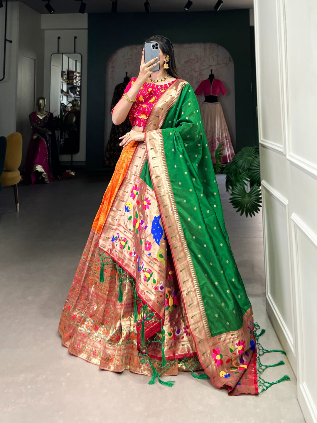 Jacquard (Paithani) Zari Weaving Work Stitched With Canvas and Can Can Lehenga