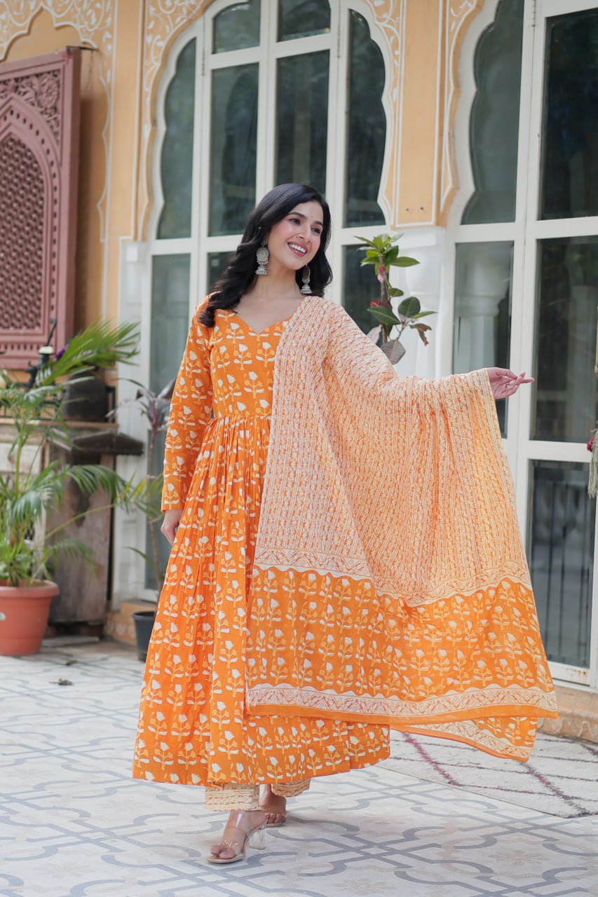 Orange Pure Cotton Fancy V Neck Anarkali Suit - qivii