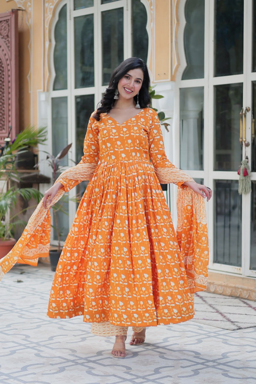Orange Pure Cotton Fancy V Neck Anarkali Suit - qivii