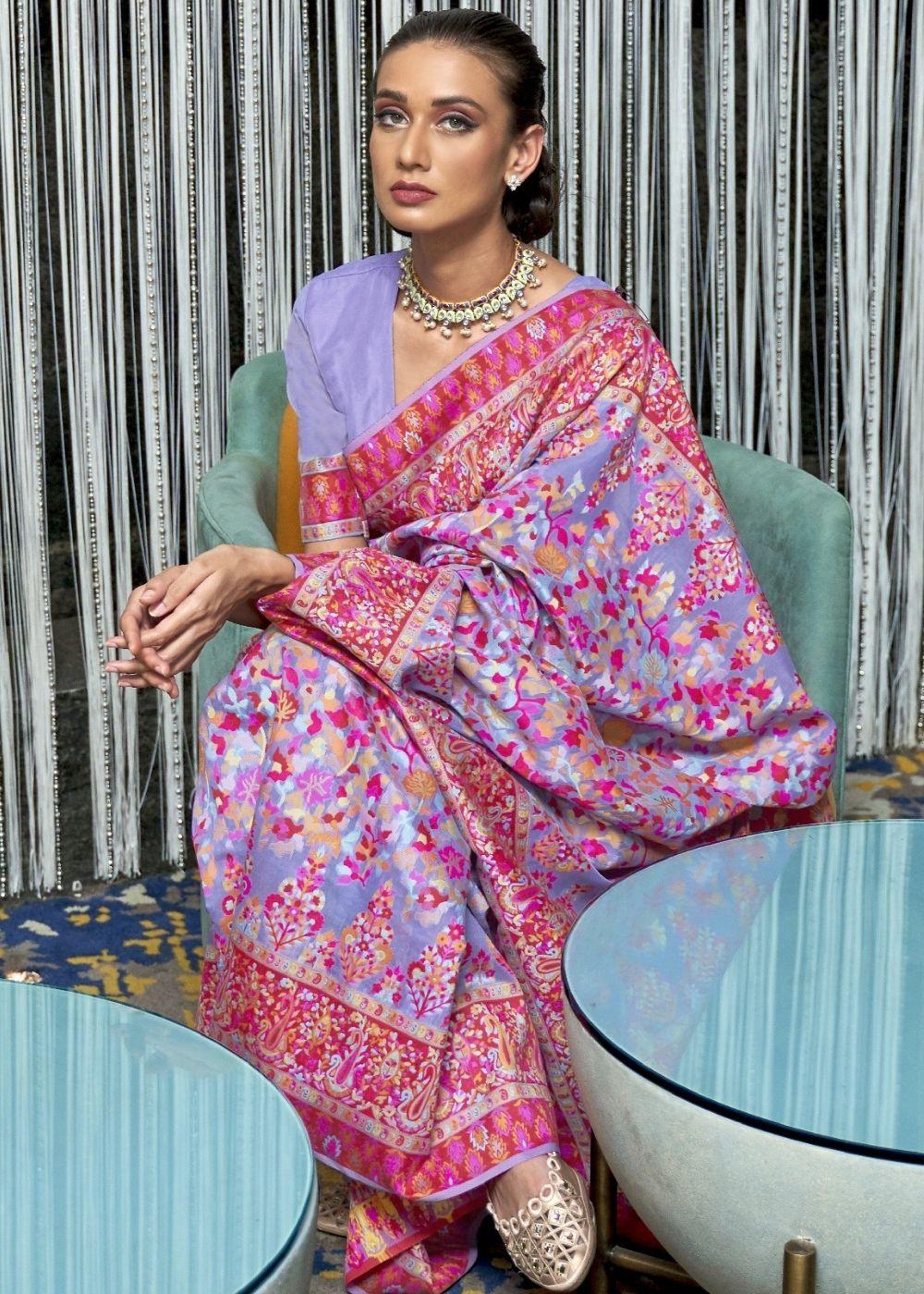 Orchid Purple Banarasi Jamawar Woven Silk Saree | Stitched Blouse - qivii