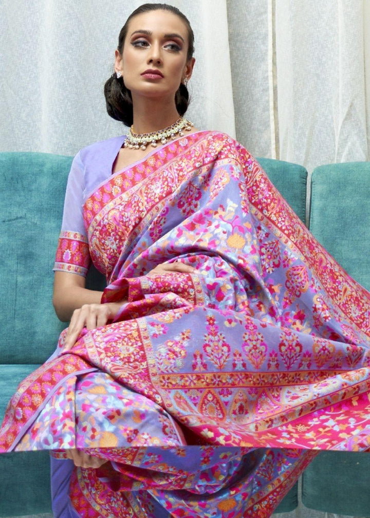 Orchid Purple Banarasi Jamawar Woven Silk Saree | Stitched Blouse - qivii