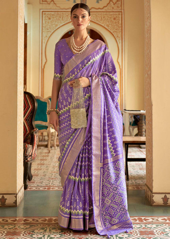 Orchid Purple Designer Printed Silk Saree | Stitched Blouse - qivii