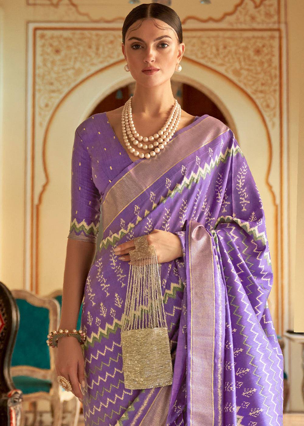 Orchid Purple Designer Printed Silk Saree | Stitched Blouse - qivii