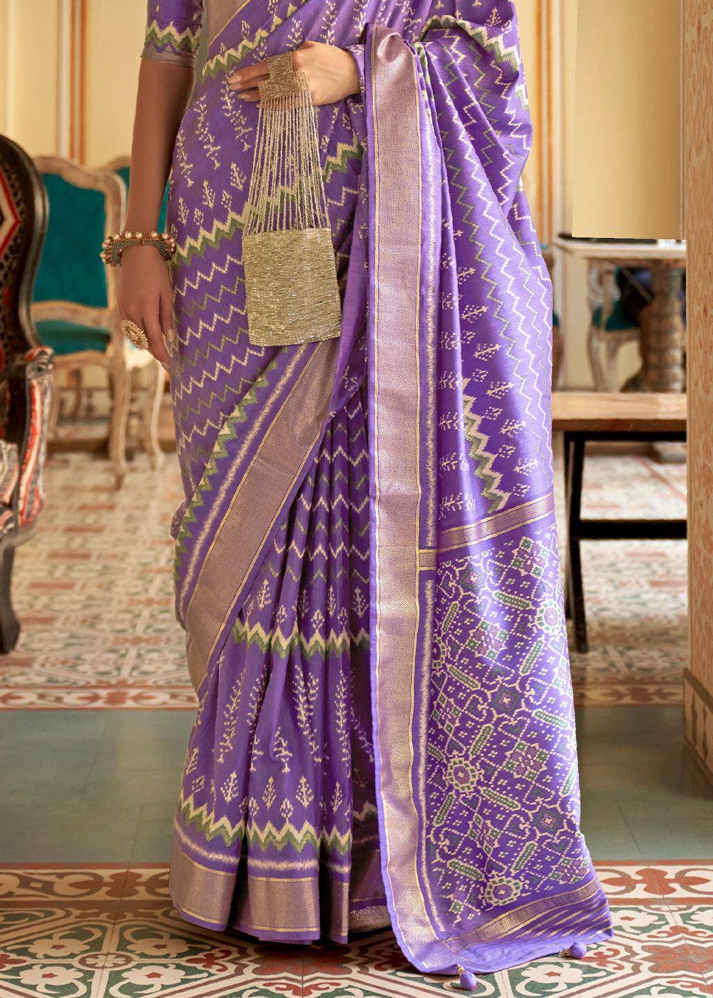 Orchid Purple Designer Printed Silk Saree | Stitched Blouse - qivii