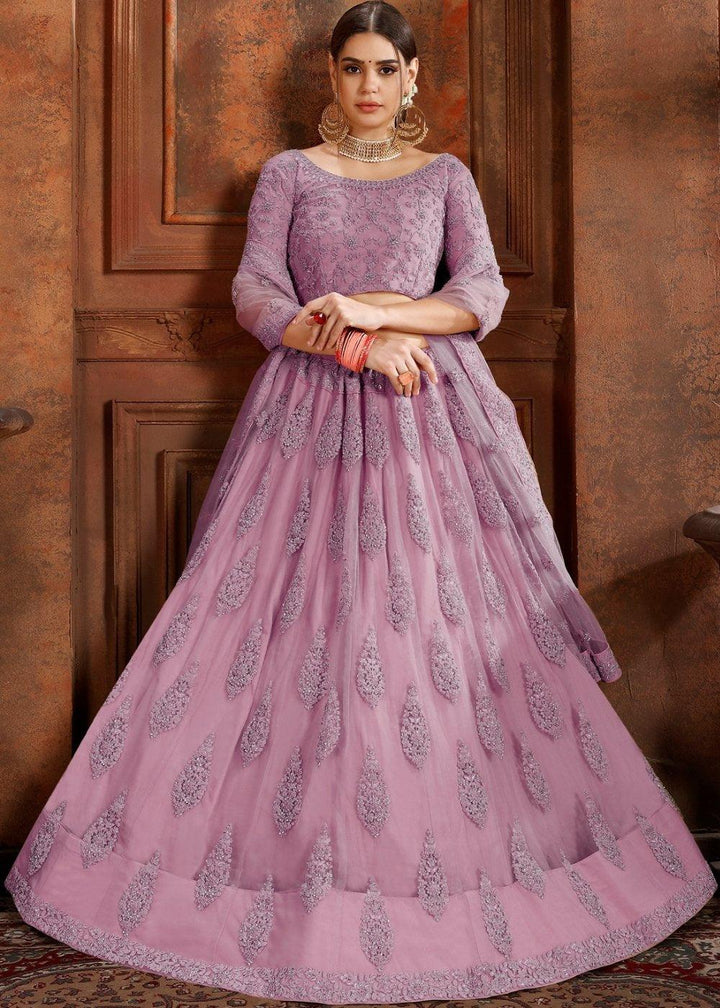 Orchid Purple Soft Net Lehenga Choli with Thread, Zarkan & Pearl work - qivii