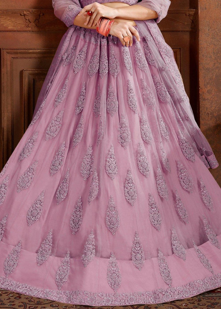 Orchid Purple Soft Net Lehenga Choli with Thread, Zarkan & Pearl work - qivii