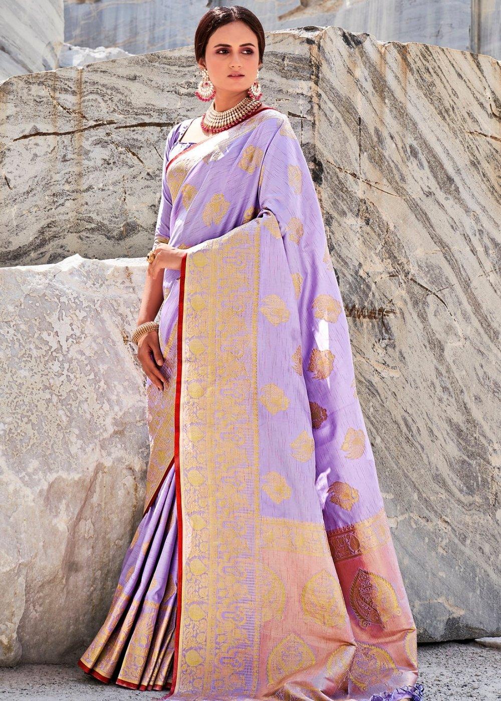 Orchid Purple Woven Designer Silk Saree with Butti overall | Stitched Blouse - qivii