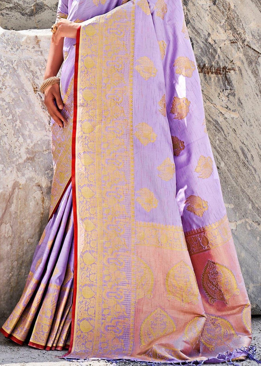 Orchid Purple Woven Designer Silk Saree with Butti overall | Stitched Blouse - qivii