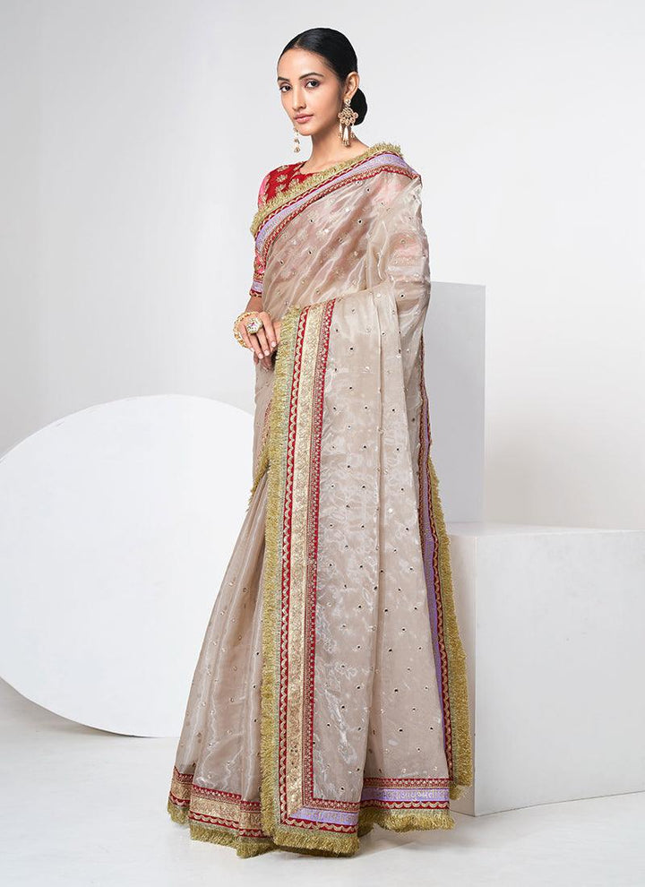 Organza Cream Saree With Heavy Blouse  - By Kreeva