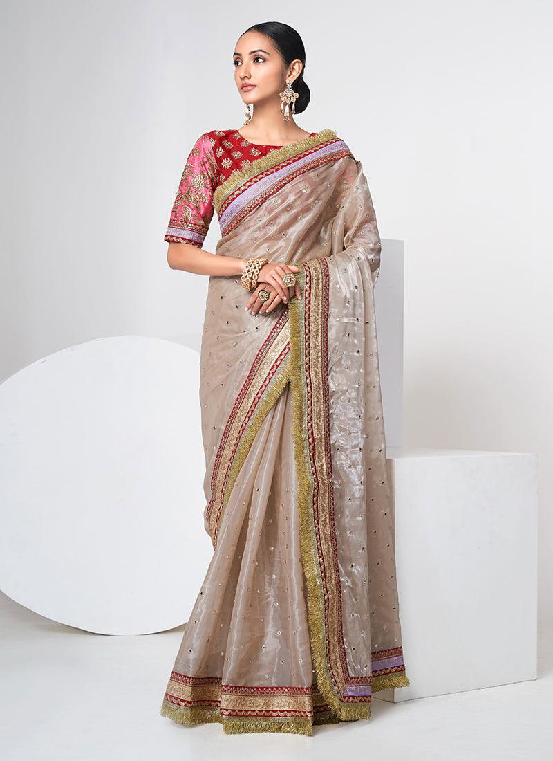 Organza Cream Saree With Heavy Blouse  - By Kreeva