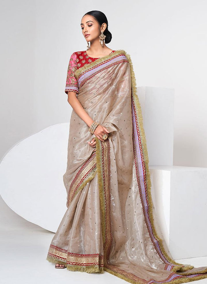 Organza Cream Saree With Heavy Blouse  - By Kreeva