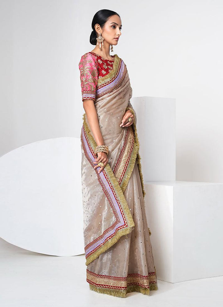 Organza Cream Saree With Heavy Blouse  - By Kreeva