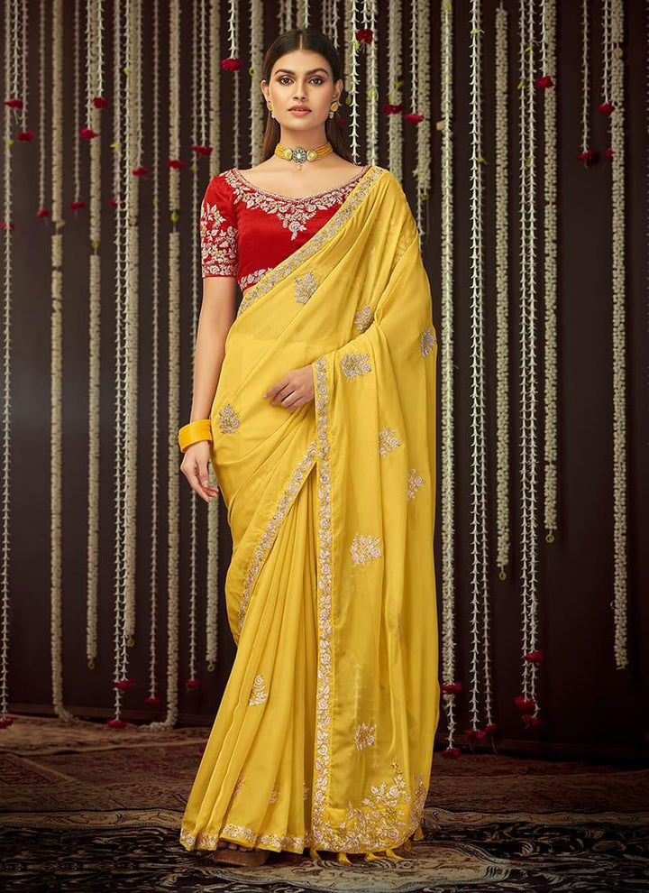 Organza Fabric Mustard Yellow Color Embroidered Saree With Contrast Blouse  - By Kreeva