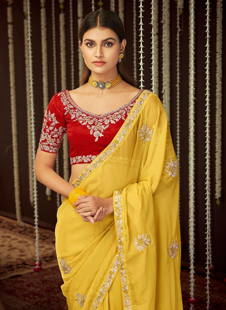 Organza Fabric Mustard Yellow Color Embroidered Saree With Contrast Blouse  - By Kreeva