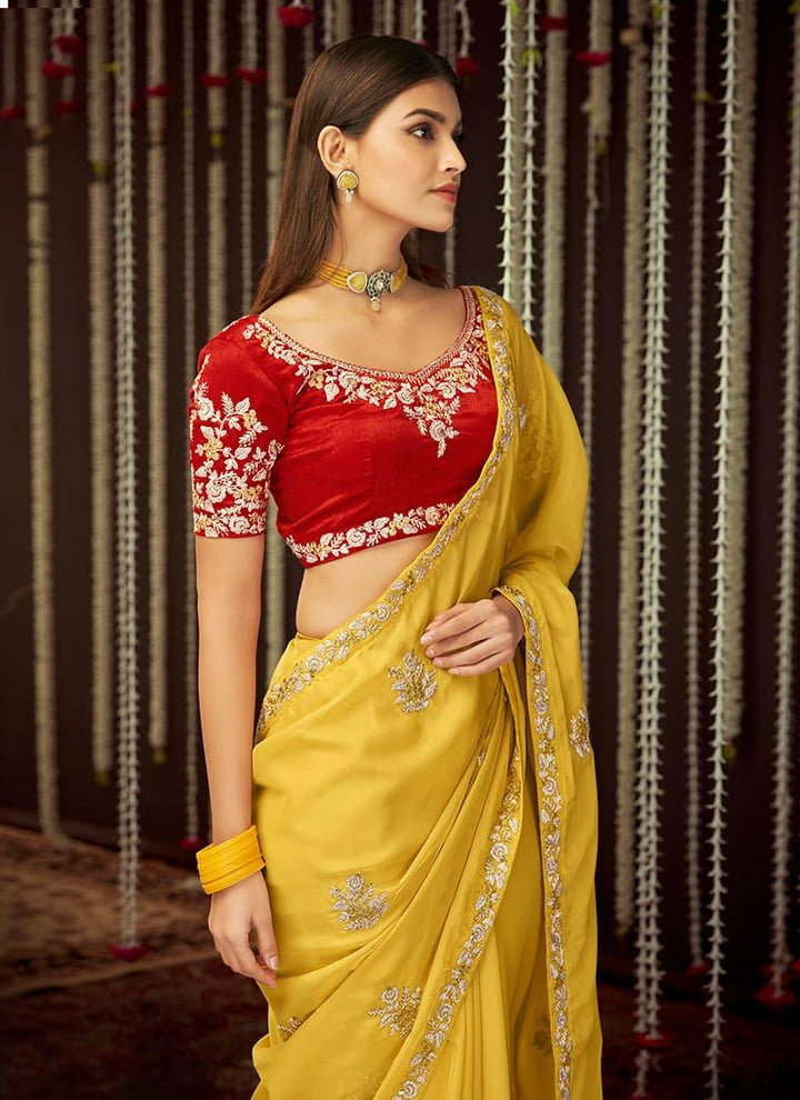 Organza Fabric Mustard Yellow Color Embroidered Saree With Contrast Blouse  - By Kreeva