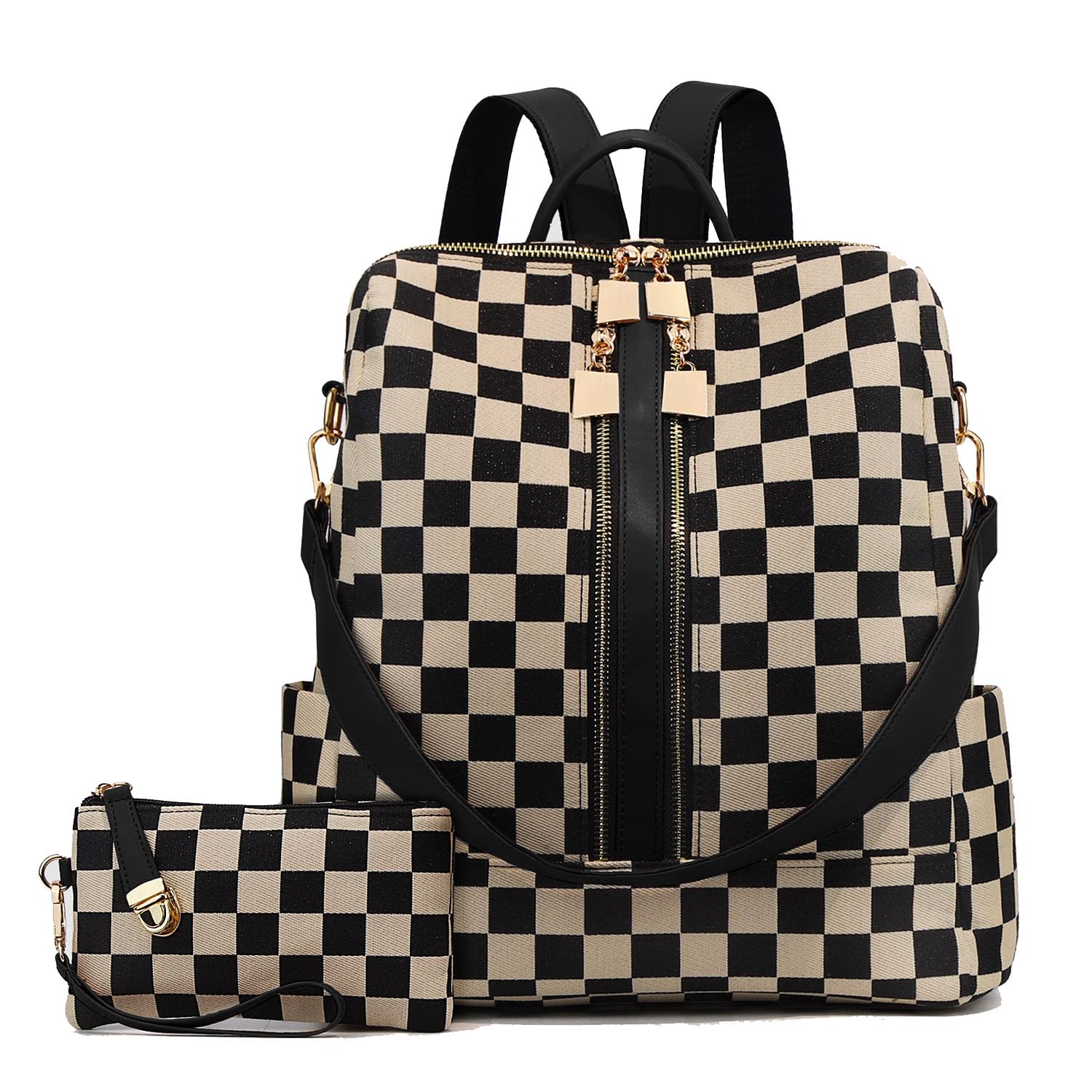 Ounamei Checkered Backpack Purse with a Pouch for Women | Canvas & PU Leather Carry-All Backpack for Daily & Travel Use