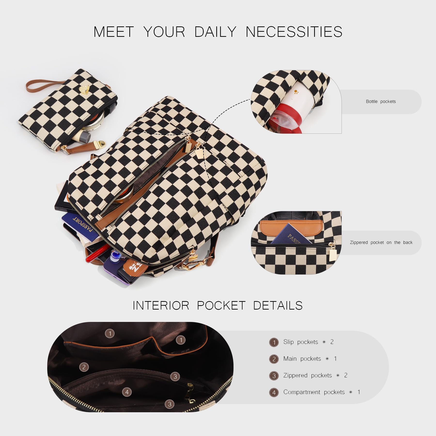 Ounamei Checkered Backpack Purse with a Pouch for Women | Canvas & PU Leather Carry-All Backpack for Daily & Travel Use