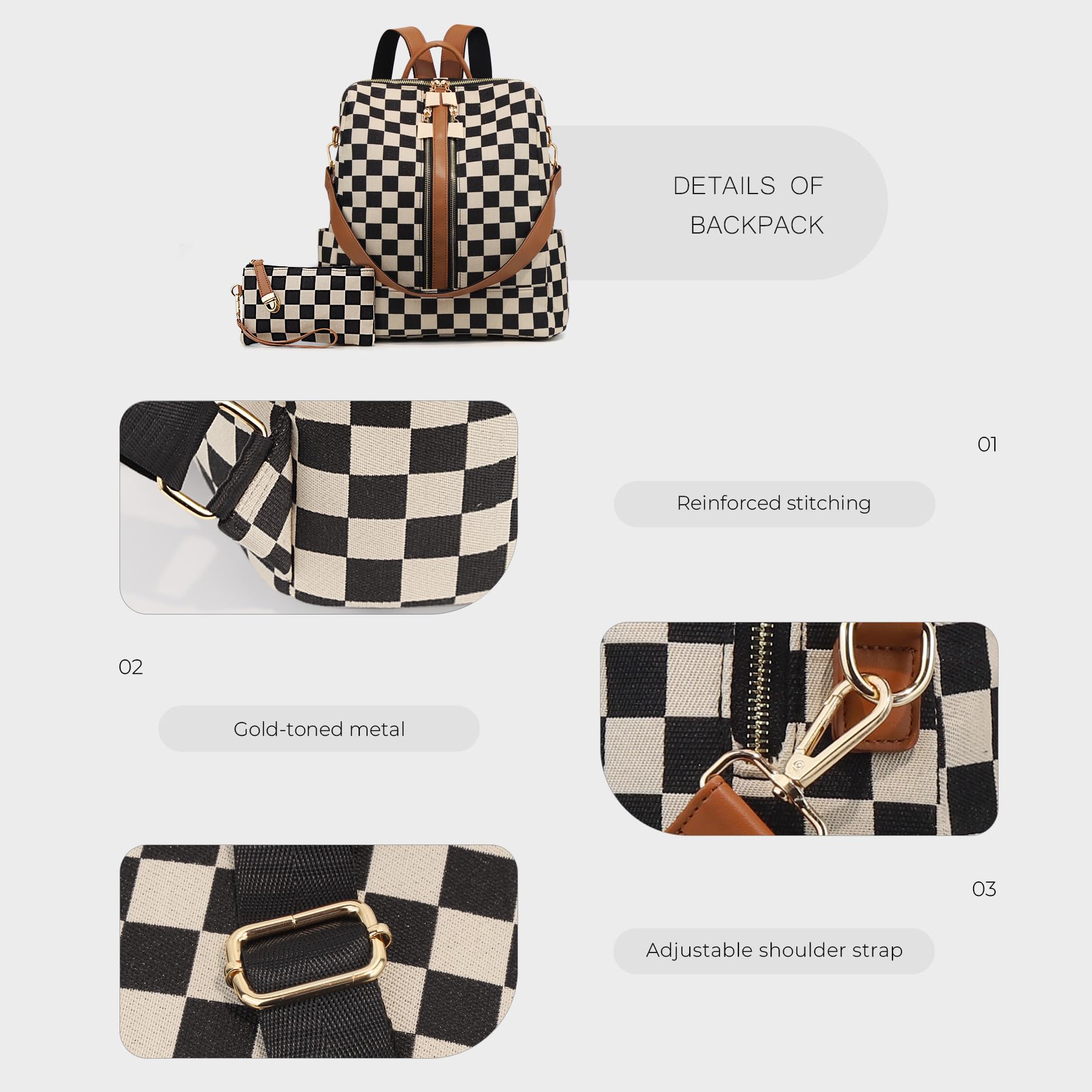 Ounamei Checkered Backpack Purse with a Pouch for Women | Canvas & PU Leather Carry-All Backpack for Daily & Travel Use