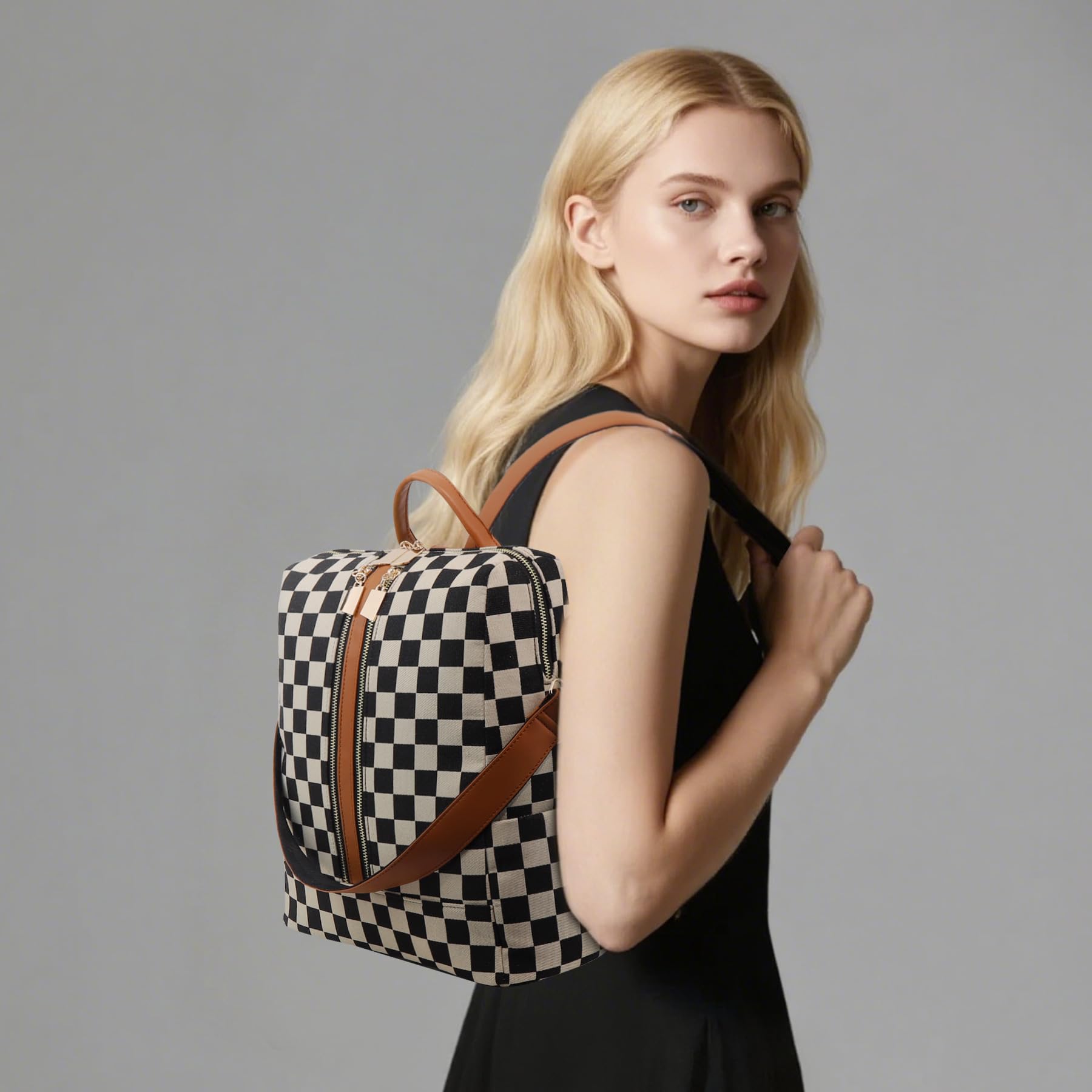 Ounamei Checkered Backpack Purse with a Pouch for Women | Canvas & PU Leather Carry-All Backpack for Daily & Travel Use