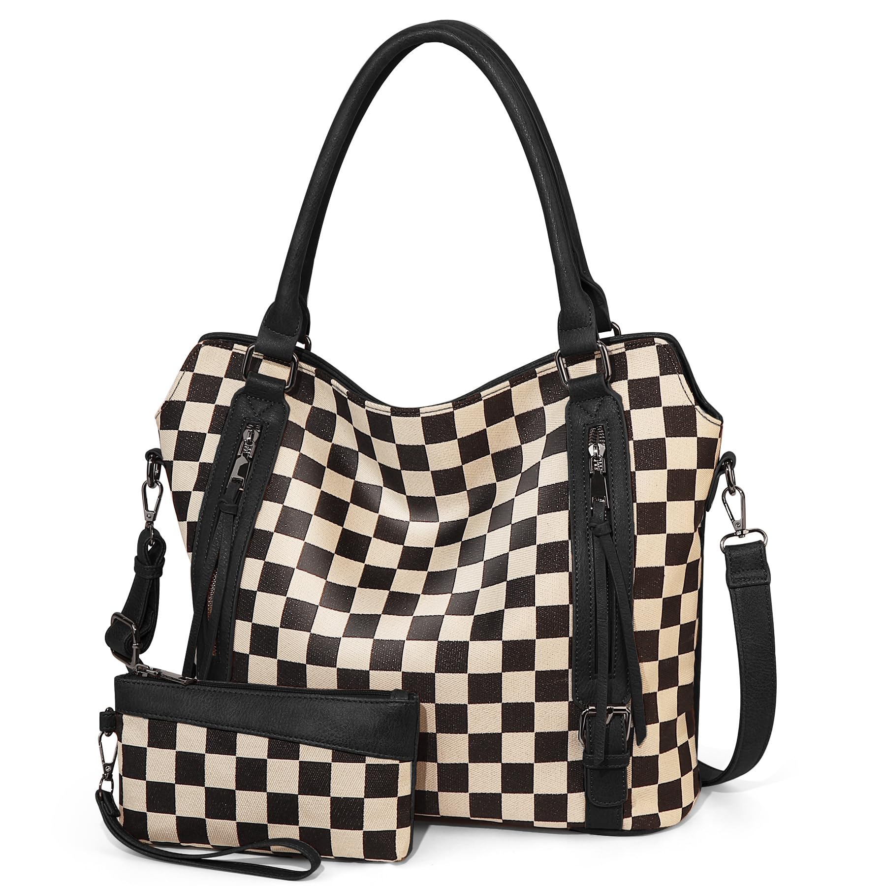 Ounamei Plaid Carry-All Hobo Tote Bag with Pouch for Women | PU Leather & Canvas Large-Capacity Shoulder & Crossbody Bag for Daily Use