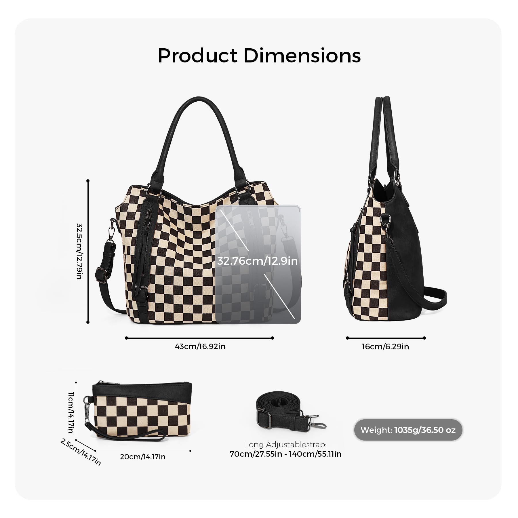 Ounamei Plaid Carry-All Hobo Tote Bag with Pouch for Women | PU Leather & Canvas Large-Capacity Shoulder & Crossbody Bag for Daily Use