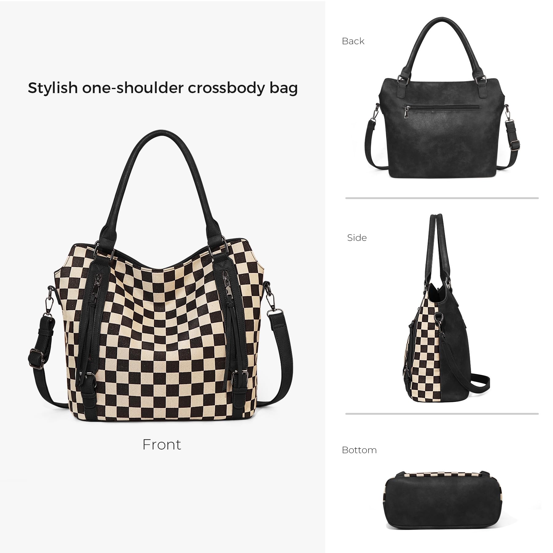 Ounamei Plaid Carry-All Hobo Tote Bag with Pouch for Women | PU Leather & Canvas Large-Capacity Shoulder & Crossbody Bag for Daily Use