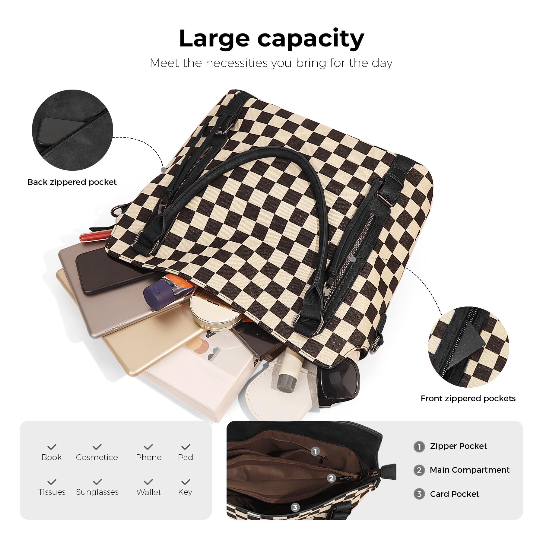 Ounamei Plaid Carry-All Hobo Tote Bag with Pouch for Women | PU Leather & Canvas Large-Capacity Shoulder & Crossbody Bag for Daily Use