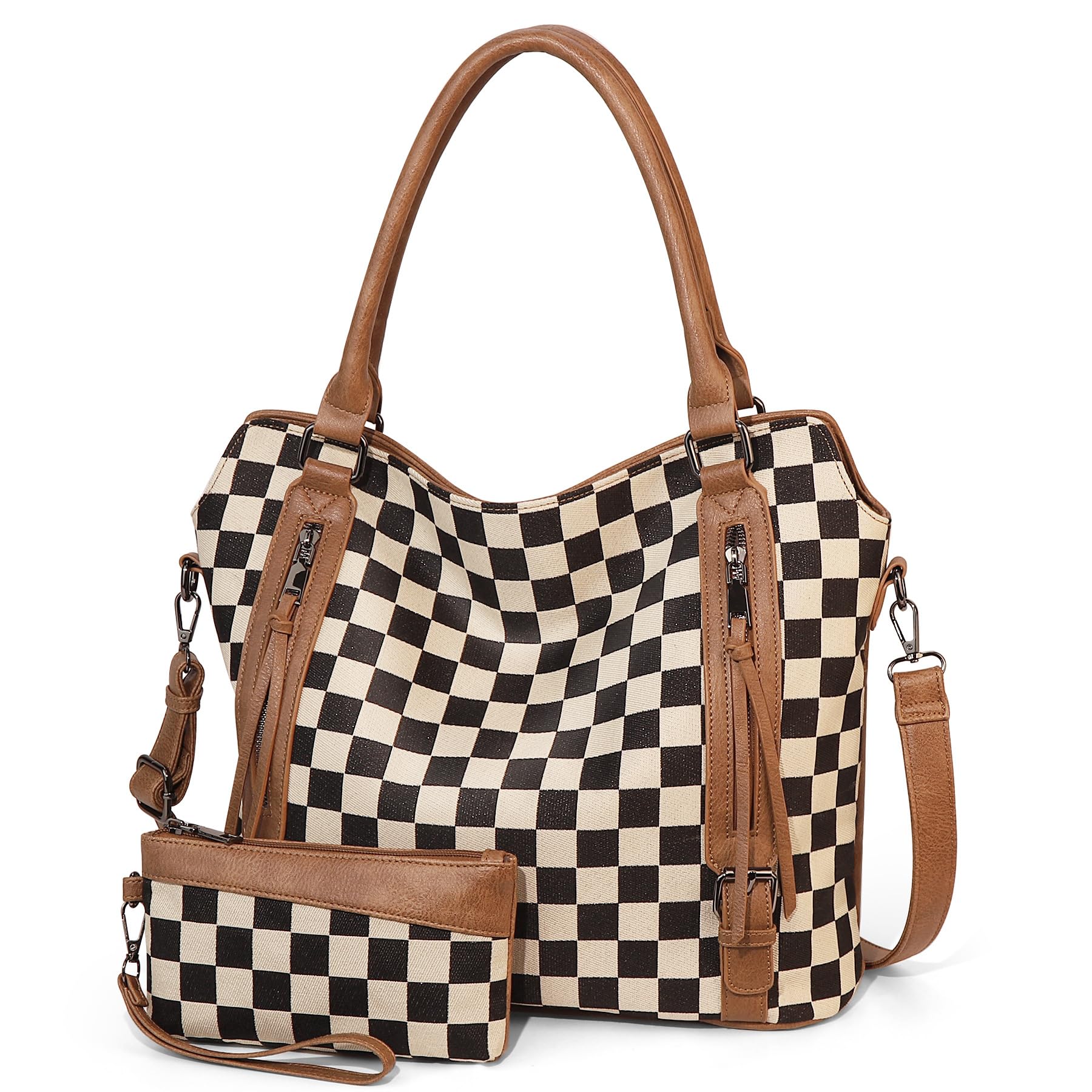 Ounamei Plaid Carry-All Hobo Tote Bag with Pouch for Women | PU Leather & Canvas Large-Capacity Shoulder & Crossbody Bag for Daily Use