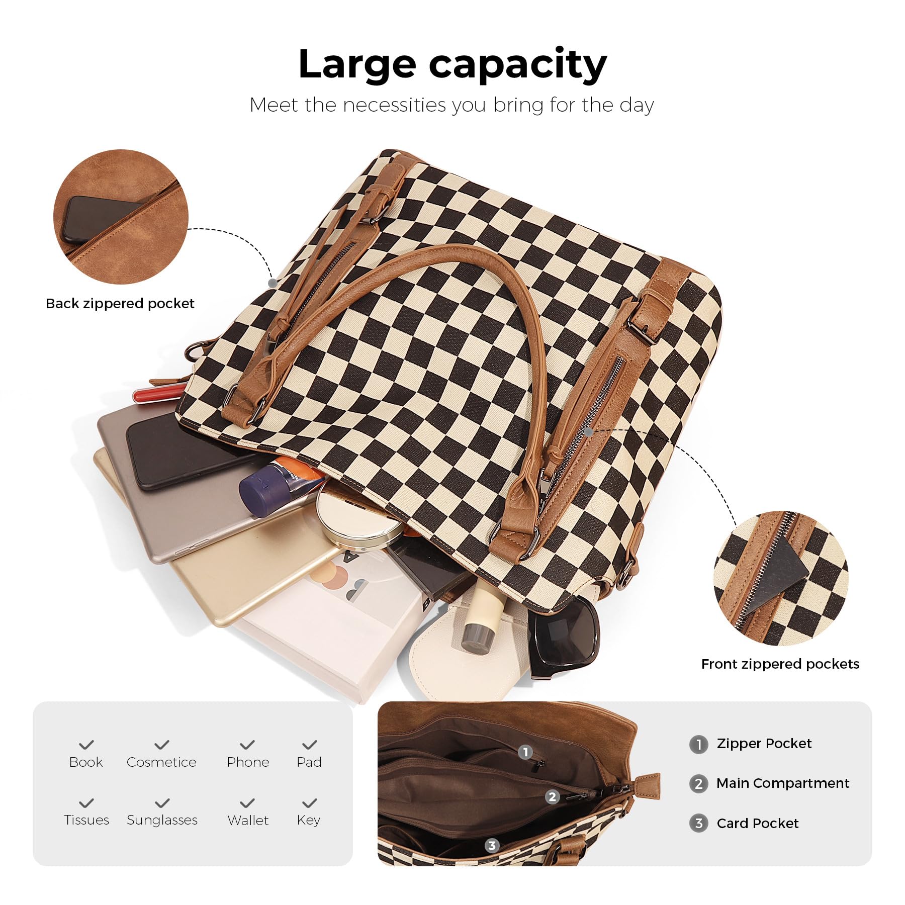 Ounamei Plaid Carry-All Hobo Tote Bag with Pouch for Women | PU Leather & Canvas Large-Capacity Shoulder & Crossbody Bag for Daily Use